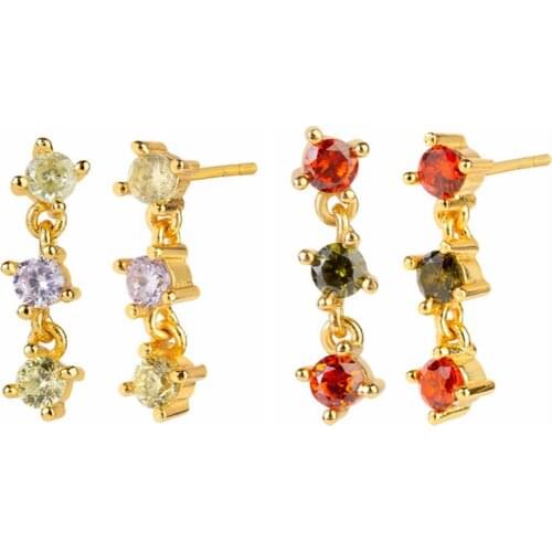 925 Sterling Silver colorful CZ three Zircon 14mm Chain Stud Earring Wedding Gift Exquisite luxury Piercing Pendiente Jewelry