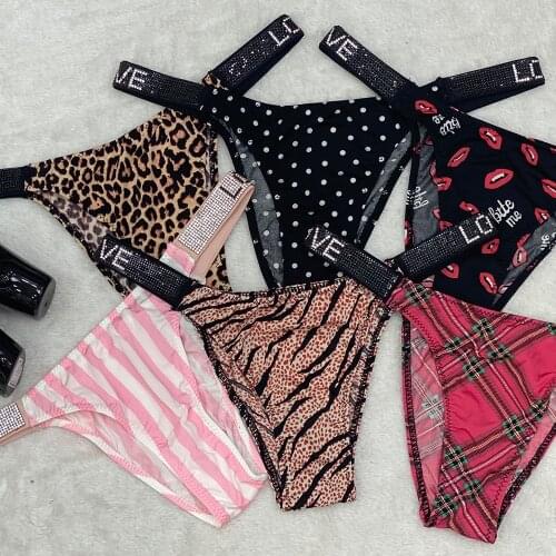 Women Sexy Thongs Rhinestones Letter Underwear Diamonds G-string Low Waist Female Briefs Shorts T-back Fitness Triangle Panties