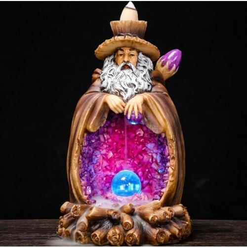 LED Light Backflow Incense Burner Resin Old Man Shape Stick Censer Waterfall Cone Incense Holder Creative Desktop Ornaments