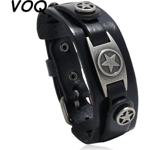 VOQ Simple Retro Five-pointed Star Leather Bracelet Punk Style Multi-layer Men Bracelets European and American New Jewelry