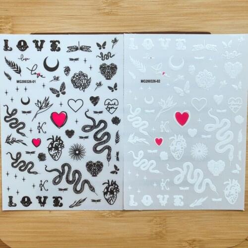 Japanese Style High Quality 3d DIY Black& White Snakes Nail Decorations Dry Nail Decals Manicure Nail Art Women Girls Gifts