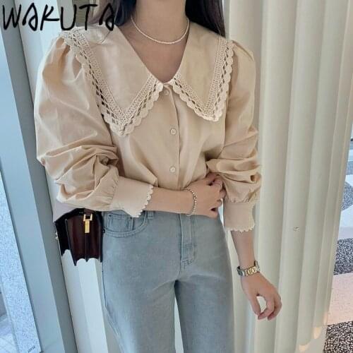 WAKUTA Womens Blouses Spring 2021 Korean Elegant Loose Long Puff Sleeve Turn Down Neck Shirts Patchwork Lace Tops Office Lady