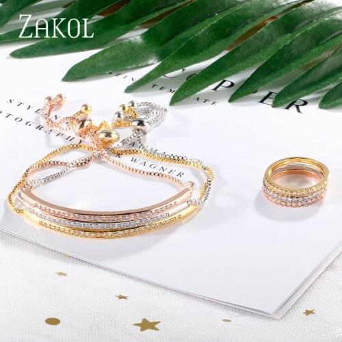 ZAKOL News Adjustable Bracelet Ring Set for Women Captivate Bar Slider Brilliant CZ Zirconia Jewelry Pulseira Feminia FSSP3019