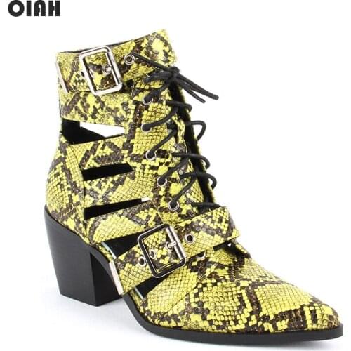 OIAH Brand Ankle Boots for Women Green PU Leather Hollow Out Short Boots Lace Up Fashion Sexy Pointed Toe Western Cowboy Botas