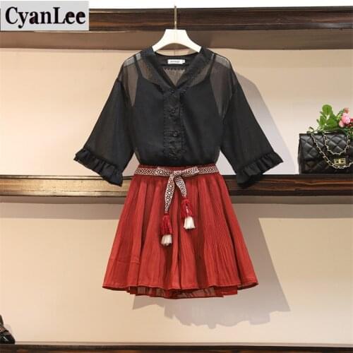 Cyanlee Women 3 Piece Set 2020 Summer Plus Size Chiffon V Neck Loose Black Shirt + Vest Tops + Elastic Waist Belt Shorts Set