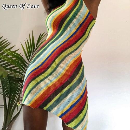 2021 Summer Sexy Irregular Mini Dress for Women Streetwear Holiday Beachwear Y2K Sleveeless Colorful Striped Dresses Outfits