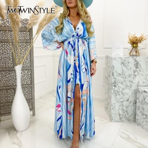 TWOTWINSTYLE Print Hit Color Womens Dress V Neck Long Sleeve High Waist Slimming Ruched Side Slip Womens Dress Fashio 2021