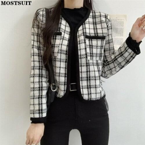 Vintage Elegant Tweed Plaid Coat Jacket Women Full Sleeve V-neck Outerwear Korean Chic Ladies Coat Blazer Tops 2021