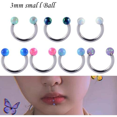 1PC Surgical 3mm Opal Ball Circular Bead Ring Horseshoe Nose Ring Ear Tragus Cartilage Helix Earring Stud Labret Lip RingJewelry