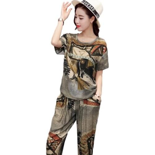 2021 Summer Women Clothes 2 Piece Sporting Suits Female Short Sleeve Print T-shirts+pants Sets Womens Large Size Sportswear Sets