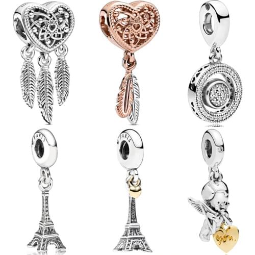 Radiant Spinning Heart & Three Feathers Dreamcatcher Pendant Beads Fit Europe 925 Sterling Silver Charm Bracelet DIY Jewelry