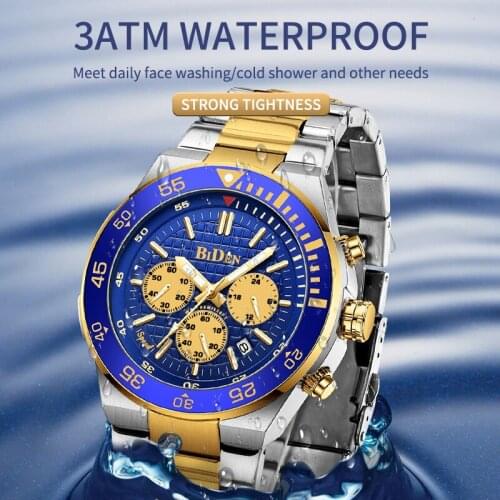 BIDEN Luxury Gold Watch Men Top Brand 3ATM Waterproof Classic Golden Blue Chrono Business Casual Men Wristwatch Gifts for Men
