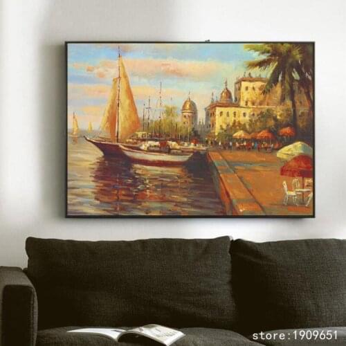 Cotton no frame impression seaside boat landscape canvas printings oil painting printed on cotton wall art decoration picture