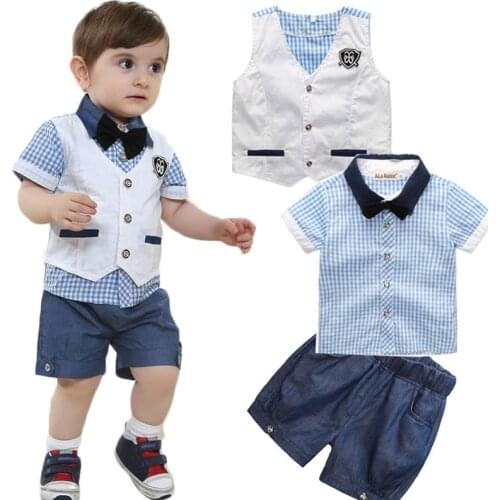 Boys Baby Clothing Suit Gentleman Suits Vest T Shirt Short 3pcs Plaid Bow Shorts Summer Set Kids Fashion
