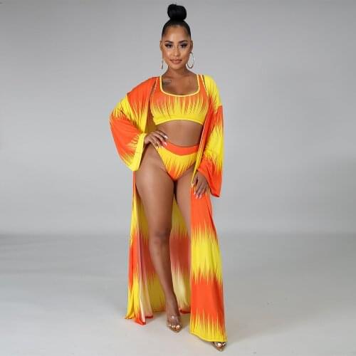 Sexy Bikini Sets 3Pieces Women Swimwear Printed Push Up Swimsuit High Waist Bathing Suit with Robe Summer Beach Wear Female XXL