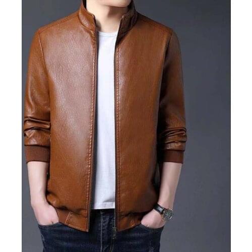 Mens Leather jackets and coats Black Faux short Leather Jackets Zipper Basic Coat fashion Collar Motor Biker low collar Jacket