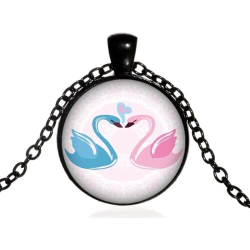 New Fashion Landscape Swan Statement Necklace Love Couple Swans Glass Cabochon Pendant Necklaces For Women Jewelry