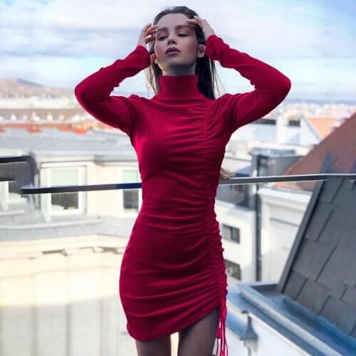 2021 fall hot new style drawstring tight dress ladies sexy club party dress ladies pure color tight elegant ladies dress