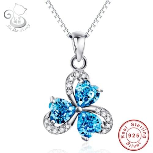 BeBe Kitty 2018 New Genuine 925 Silver SWA Blue Crystals Heart Pendant Necklace Semi-precious Stone Goddess Necklaces