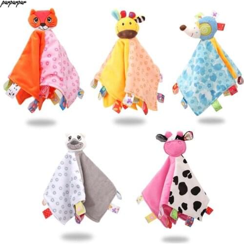Cartoon Newborn Appease Towel with Rattle Comforter Soft Saliva Towel Baby Soothing Handkerchief Blanket Sleep Soothe Toys