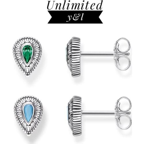 Green/Blue Stone Water Tear Stud Earrings 925 Sterling Silver Thomas Style Ear Stud Women Men Fashion Good Jewelry 2019 New