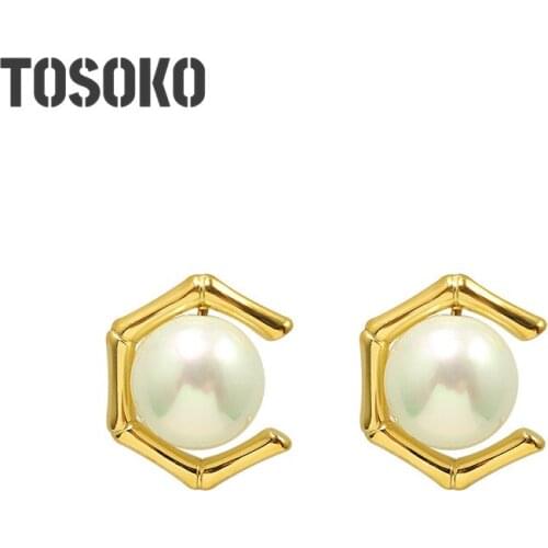 TOSOKO Stainless Steel Jewelry C-Shaped Bamboo Pearl Earnails Womens Elegant Earrings BSF444