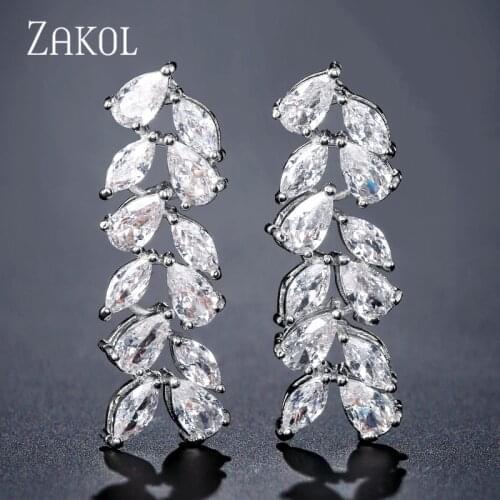 ZAKOL Shiny Cubic Zirconia Leaves Long Elegant Bridal Jewelry Earrings for Women Wedding Dinner Birthday Gift Jewelry FSEP2464