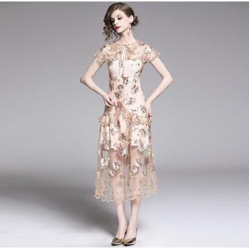 2021 New Fashion Elegant Flower Embroidery Mesh Dress Women Summer Short sleeve Round neck Ruffles Party Dresses Vestidos