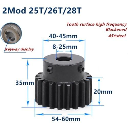 1pc Spur Gear pinion Mod 2 M=2 25T 26T 28T R Teeth 45# steel positive gear CNC gear rack transmission motor gears 25teeth 26teet