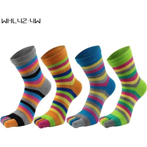 WHLYZ YW 5 Pairs/Lot Combed Cotton Woman Five Finger Socks Rainbow Striped Good Quality Girl Socks With Toes Novelty Brand