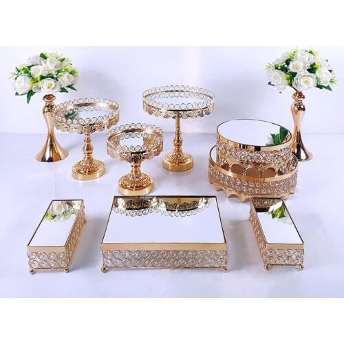 8-15Pcs Gold Metal Cake Stand Set Round Wedding Birthday Party Dessert Acryl Mirror Cupcake Pedestal Display Plate Home Decor