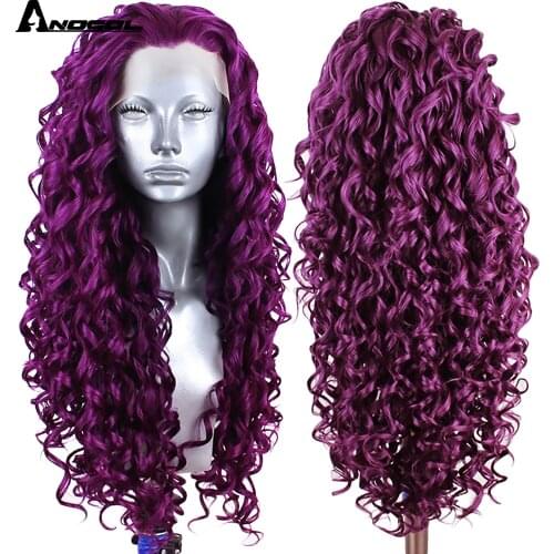 Anogol 24" Isla- Deep Purple Long Kinky Curly Free Part Synthetic Lace Front Wig For White Black Women High Temperature Fiber