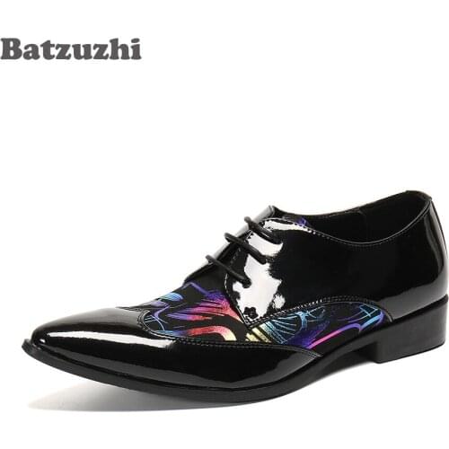 Batzuzhi Chinese Handmade Men Shoes Pointed Toe Color Leather Dress Shoes Men Lace-up, Party and Wedding Shoes Men Business