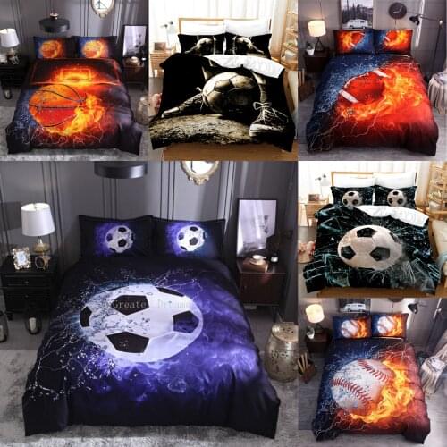 3D Soccer Ball Basketball Bedding Set Blue Flames Teen Boys Sports Duvet Cover Fire Comforter Cover Set