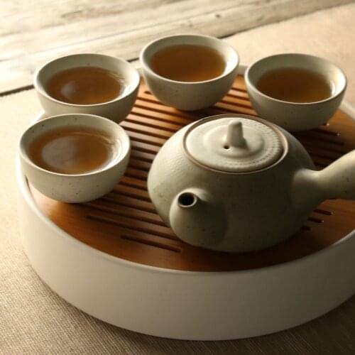 Handmade Round Tea Tray Chinese Vintage Table Small Bamboo Tea Tray Ceremony Set Drain Plateau De Service Kitchen Teaware DH50CP