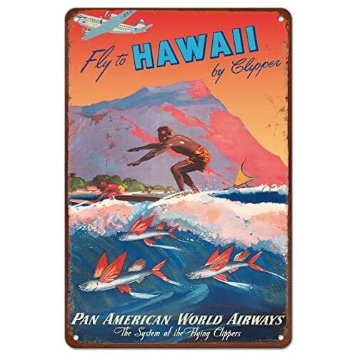 Fly to Hawaii by Clipper - Pan American World Airways - Surfer, Diamond Head Crater Metal Tin Sign