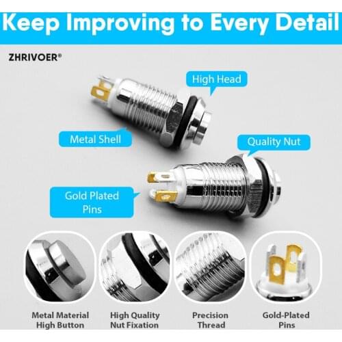 1pc 8mm With LED indicator Self-reset Momentary Self-locking Latching Metal Push Button Switch 4pins high head 3v5v12v24v220v