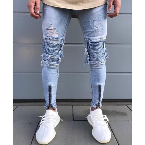 2017 New Men Hip Hop Zipper Ripped Biker Jeans Fashion Slim Fit Motorcycle Jeans Men Distressed Holes skinny Denim Joggers pants