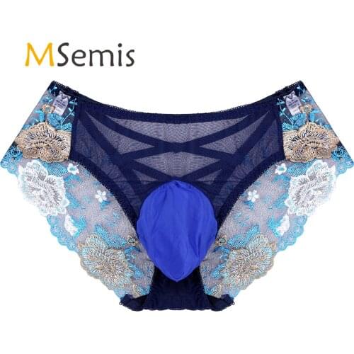 Mens Lingerie Sissy Underwear See-through Embroidered Briefs Panties Bulge Pouch Hollow Out Cross Back Low Rise Underpants