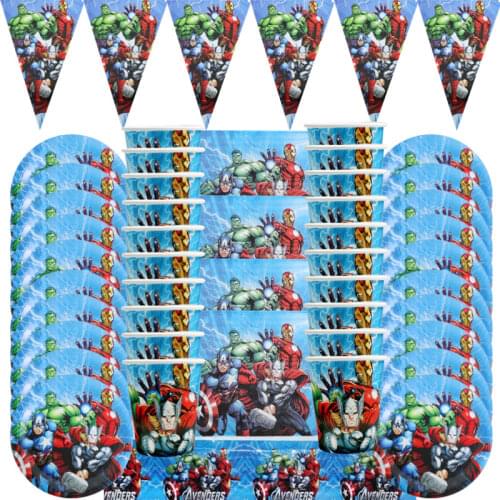 Superhero Theme Cartoon Party Set Cups Tableware Plates Flag Napkins Banner Birthday Tablecloth Shower Party Decoration Supplies