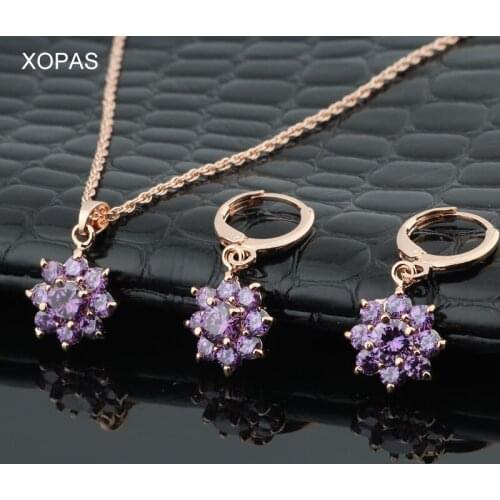 XOPAS Wedding Jewelry AAA Purple Zirconia Women 585 Rose Gold Color Jewelry Sets Necklace Pendant Earrings For Womens Party