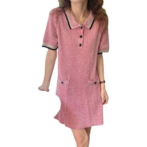 PERHAPS U Women Elegant Knitted Pockets Buttons Bright Silk Spliced Turn Down Collar Short Sleeve Straight Polo Short DressD3084
