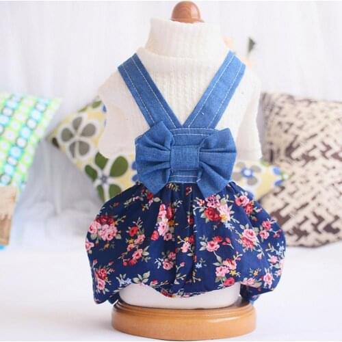Pet Dress Bowknot Design Breathable Cotton Puppy Denim Overalls for Spring
