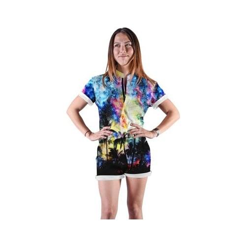 Beach coconut tree digital print zipper round neck short sleeve beach pants rubber waist casual shorts