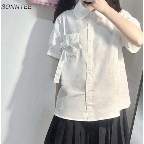 Shirts Women White Preppy Cute Bow All-match Simple Pure Design Clothing Tops Leisure Stylish Japanese Style Popular Trendy Ins