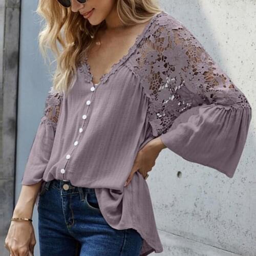 Women Blouse Solid Color Lace Pullover Flare Sleeve V Neck Top See Through Back Large Hem Shirt for Daily Wear
