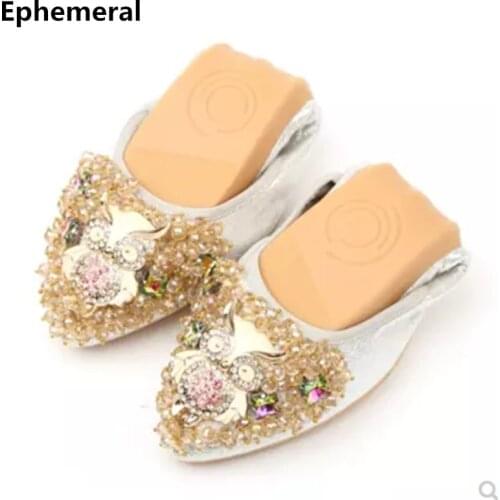 Women Foldable Ballet Flats For Dancing Pointed Toe TPR Sole Cute Crystal Plus Size 34-3 Gold Silver Black Breathable Microfiber