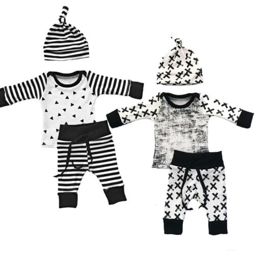 Newborn Toddler Infant Baby Boy Girl Long Sleeve Tops Long Pants Hat 3PCS Casual Outfits Set Clothes