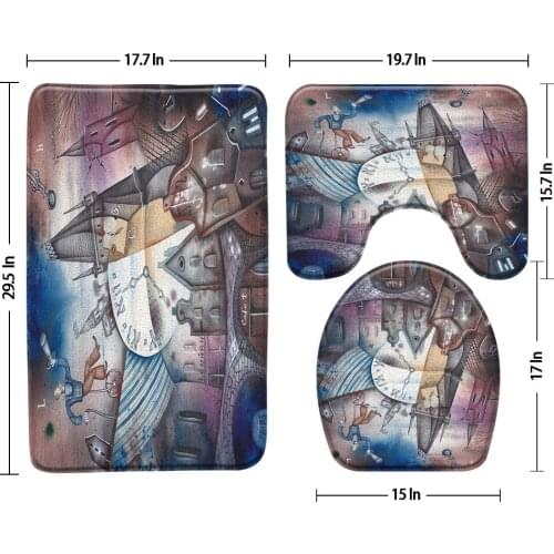 3Pcs Set Bath Mat Abstract Oil Painting Of City Street Landscape Europe America Bathroom Rug Carpet Set Anti-Slip Toilet Cover