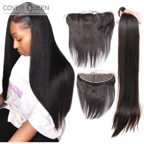 30 32 34 38 40 inch Brazilian Hair Weave Bundles With Frontal Straight Ear To Ear Raw Virgin Human Hair Bundle With Lace Closure
